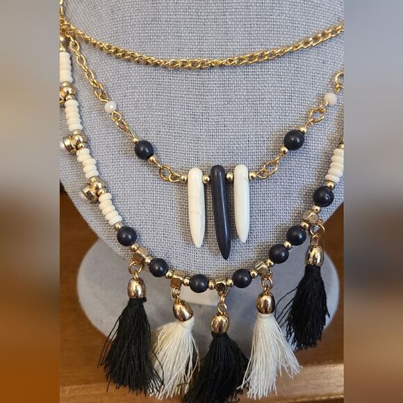 T&J DESlGNS Statement Necklace 3-Tiered Bohemian Tassels 20" - 22" - Picture 3 of 4